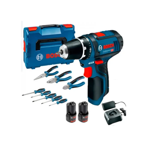 Аккумуляторный шуруповерт с набором ручного инструмента Bosch Professional GSR 12V-15 в кейсе (АКБ + ЗУ) (060186810R)