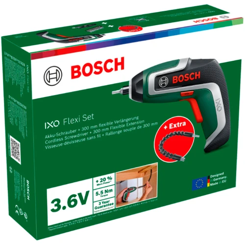 Аккумуляторная отвертка с гибким удлинителем и набором бит Bosch IXO 7 Flexi Set (06039E000A)