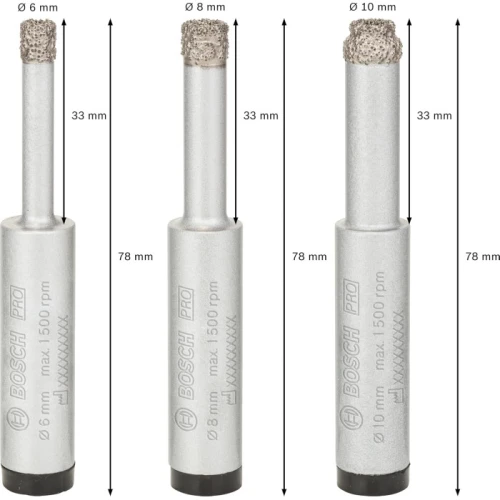 Набір алмазних коронок Bosch PRO Ceramic dry 6/8/10x33 мм (3 шт.) (2608587145)