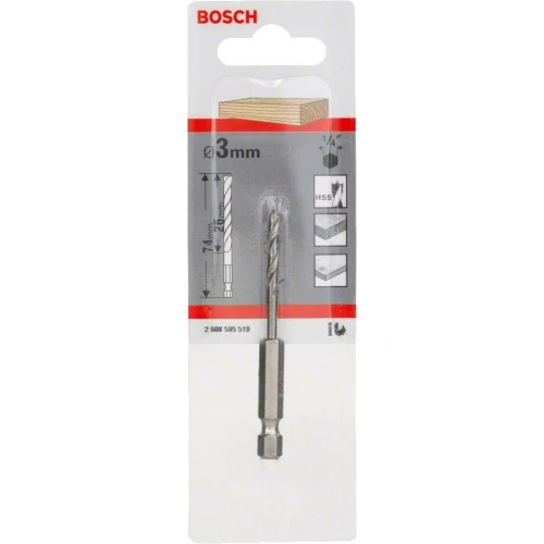 Свердло спіральне з шестигранним хвостовиком Bosch HSS 1/4″ 3.0x26x74 мм (1 шт.) (2608595519)