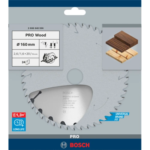 Циркулярний пиляльний диск Bosch PRO Wood, 160 x 2,6 x 20 мм, T24 (2608640596)