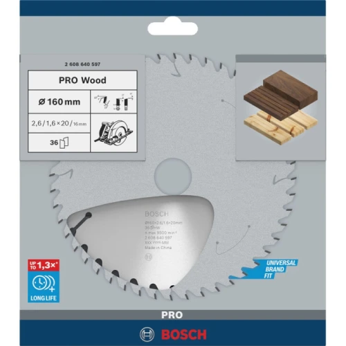 Циркулярний пиляльний диск Bosch PRO Wood, 160 x 2,6 x 20 мм, T36 (2608640597)