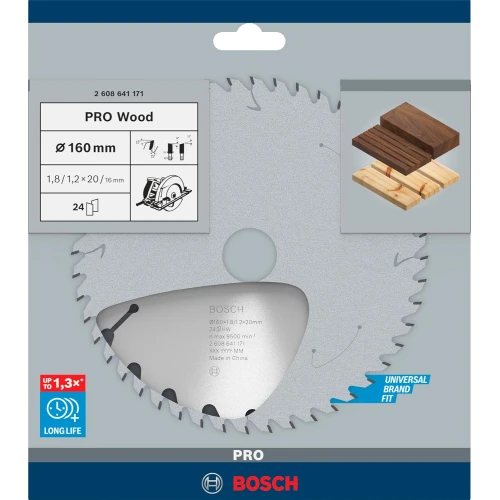 Циркулярний пиляльний диск Bosch PRO Wood, 160 x 1,8 x 20 мм, T24 (2608641171)