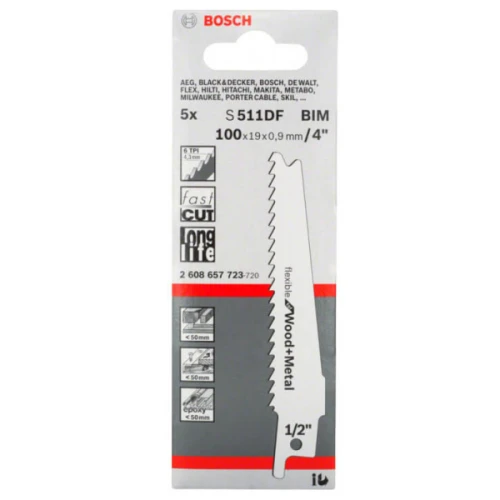 Пильное полотно Bosch Flexible for Wood and Metal S 511 DF 100x19x0.9 мм 6TPI (5 шт.) (2608657723)