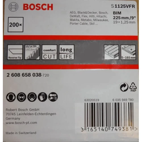 Пиляльне полотно по дереву з металом Bosch S 1125 VFR Special for Pallet Repair 1.25x19x225 мм (200 шт.) (2608658038)