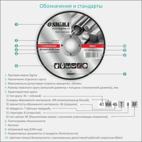 Диск відрізний по металу та нержавіючій сталі SIGMA (125x1.2x22.2 мм) (1940081)