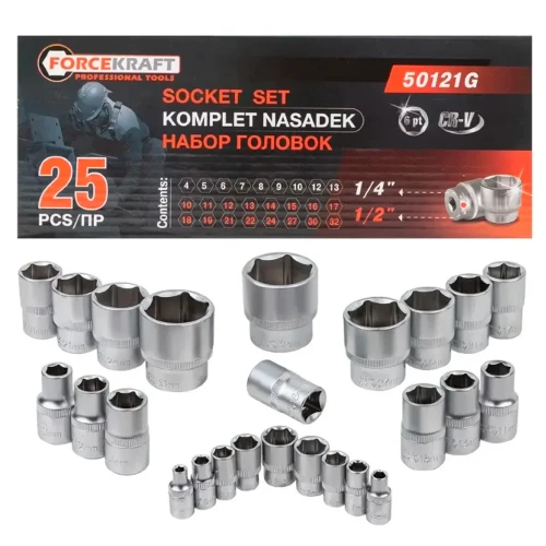 Набір головок FORCEKRAFT 1/2", 1/4" (25 од.) FK-50121G (СТ-00184017)
