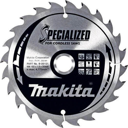 Пиляльний диск Makita для акумуляторних пилок SPECIALIZED 160х20 мм 24Т (B-09151)