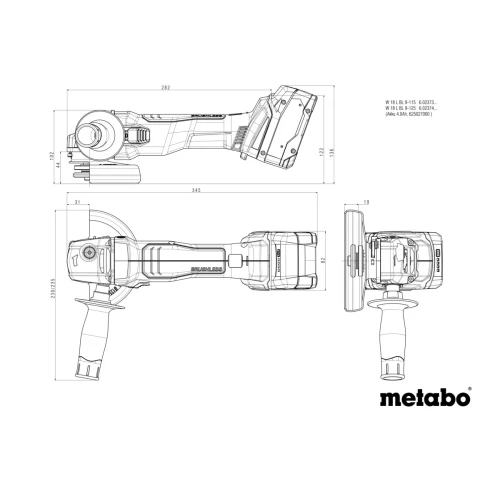 Аккумуляторная угловая шлифмашина Metabo Set W 18 L BL 9-125 (без АКБ и ЗУ) (691225000)