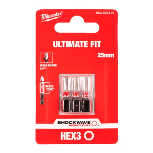 Бита ударная Milwaukee SHOCKWAVE Hex3 x 25 мм, 3 шт. (4932500379)