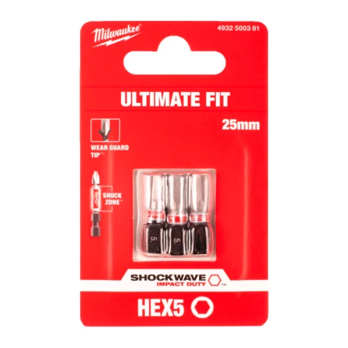 Бита ударная Milwaukee SHOCKWAVE Hex5 x 25 мм, 3 шт. (4932500381)