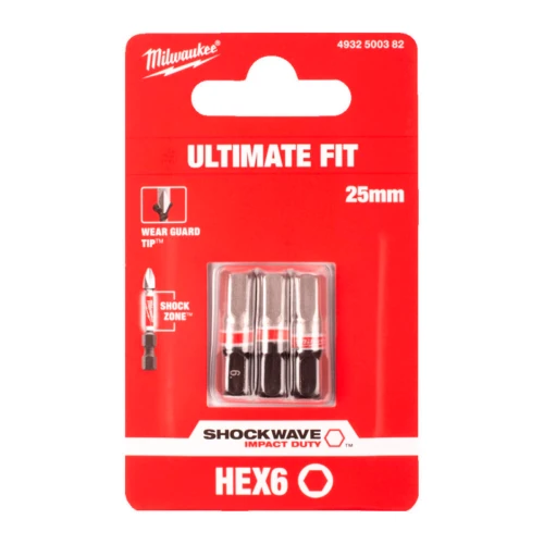 Бита ударная Milwaukee SHOCKWAVE Hex6 x 25 мм, 3 шт. (4932500382)