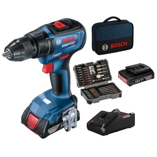 Шуруповерт Bosch GSR 18V-50, 2×GBA 18V 2.0Ah + 43 биты + сумка для инструмента (06019H5004)